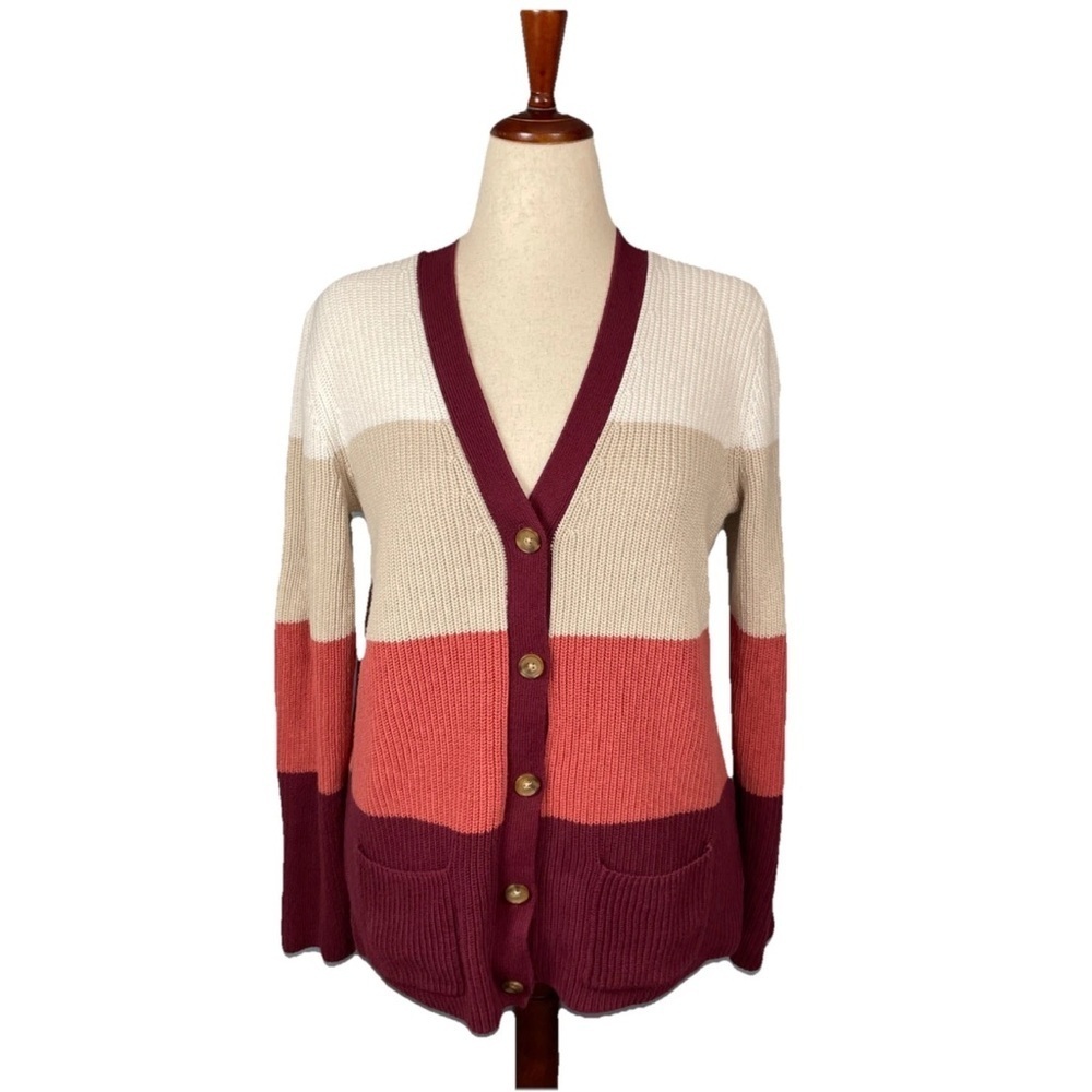 LANDS END Cotton Drifter Cardigan Colorblock Sweater Red Pink Size Medium Tall